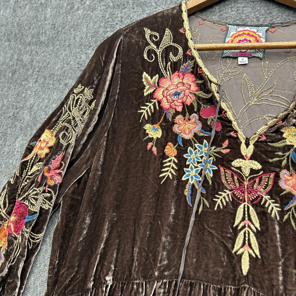 Johnny Was Taline Velvet Dress Boho Brown Midi Medium Floral Butterfly Cottage - Picture 3 of 11